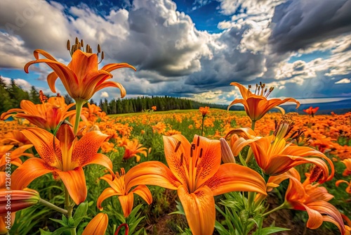 Yakutian meadow ablaze: vibrant orange Lilium dahuricum blooms close-up. photo