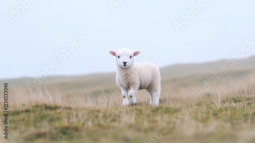 Lamb walking in misty highland pasture photo