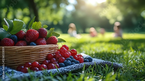 Summer picnic basket with berries, park, children