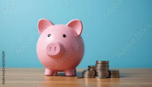 Secure Savings, Piggy Bank and Coins on Wooden Surface - FREE Download HD Image photo