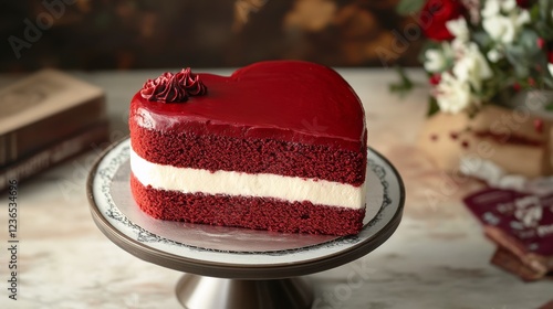 Heart shaped red velvet cake on stand Horizontal shot