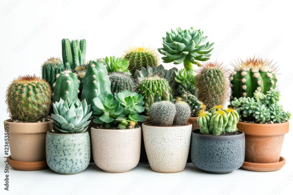 Vibrant collection of diverse cactaceae varieties arranged artistically in decorative pots at home Vibrant collection of diverse cactaceae varieties arranged artistically in decorative pots at home