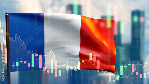 Economy of France. Financial chart rises after descent. France flag near blurred skyscrapers. Financial system of french republic. Falling gdp growth rate in France concept. 3d image