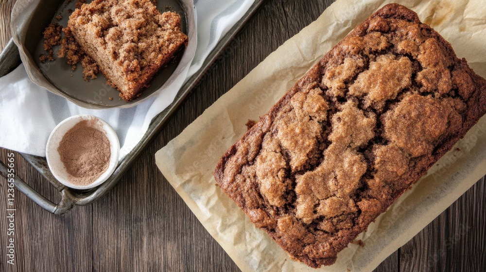 Fototapeta premium A scrumptious cinnamon cake sits on a rustic wooden tray, embodying the warmth of home baking with a cozy touch of seasonal flavors and inviting aromas.