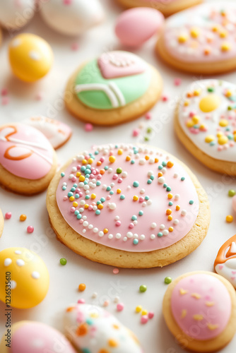 Cookies decorated with vibrant Easter designs and colorful sprinkles are elegantly arranged on a clean surface, inviting enjoyment during the festive season