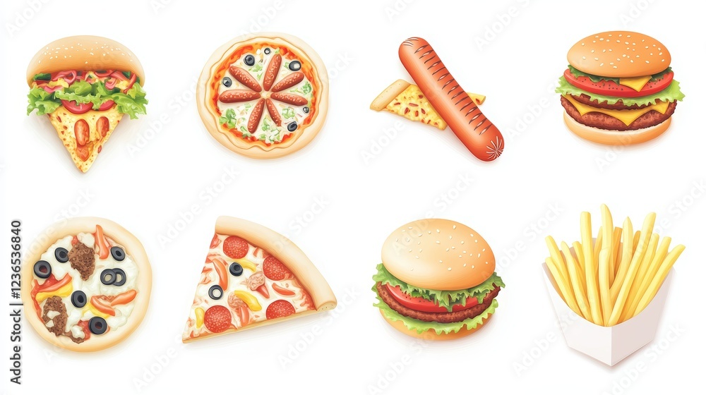Fast food collection isolated on white background hot dog pizza slice hamburger French fries burrito closeup abstract of different food items Fast food collection isolated on white background hot dog pizza slice hamburger French fries burrito closeup abstract of different food items