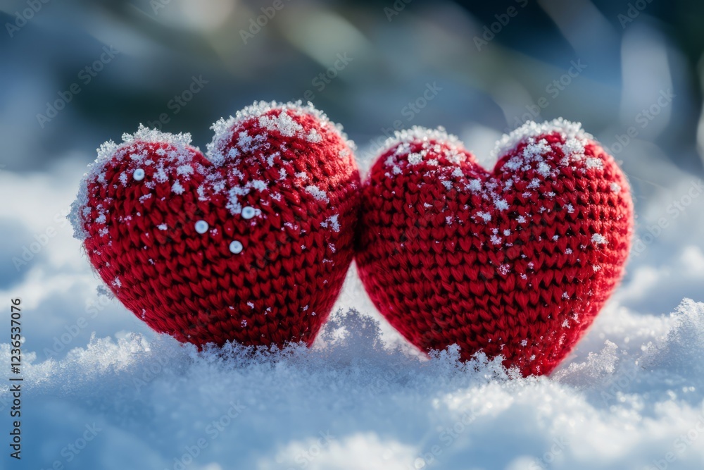 Two Knitted Hearts Covered In Snow. Two Knitted Hearts Covered In Snow.