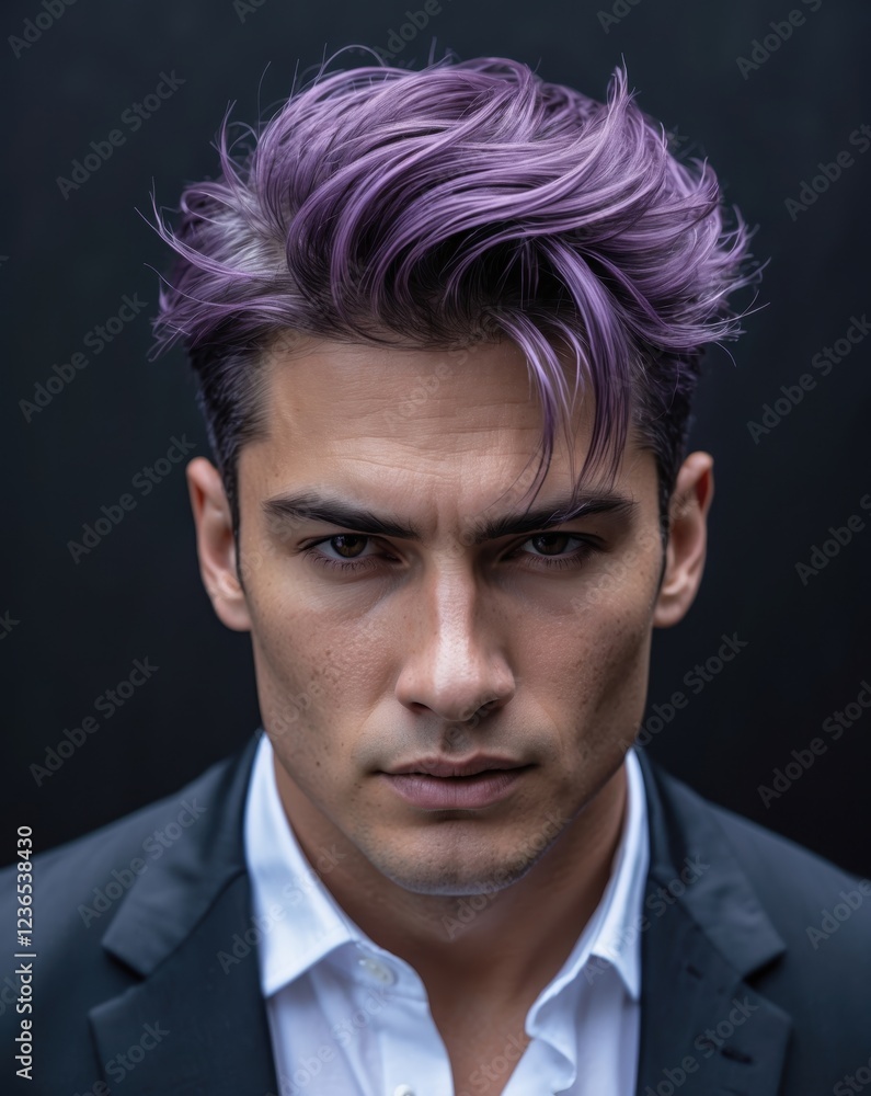 Young Man with Purple Hair in Formal Attire Against Dark Background Young Man with Purple Hair in Formal Attire Against Dark Background