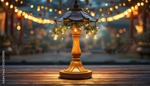 Diwali product display background podium, cozy Diwali hindu Festive light canopy, warm golden glow, temple bells, loral garland, festival of light spirit, podium platform, product presentation space photo