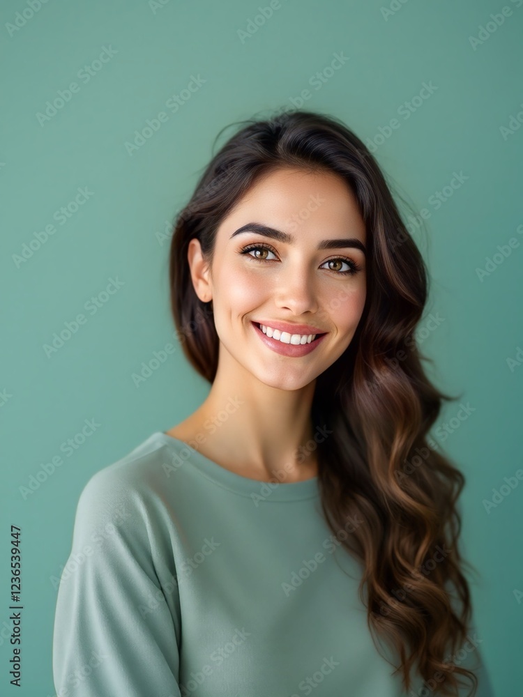 Smiling woman with long wavy brown hair wearing a green top, posing against a soft green background. Natural beauty and warm expression. Smiling woman with long wavy brown hair wearing a green top, posing against a soft green background. Natural beauty and warm expression.