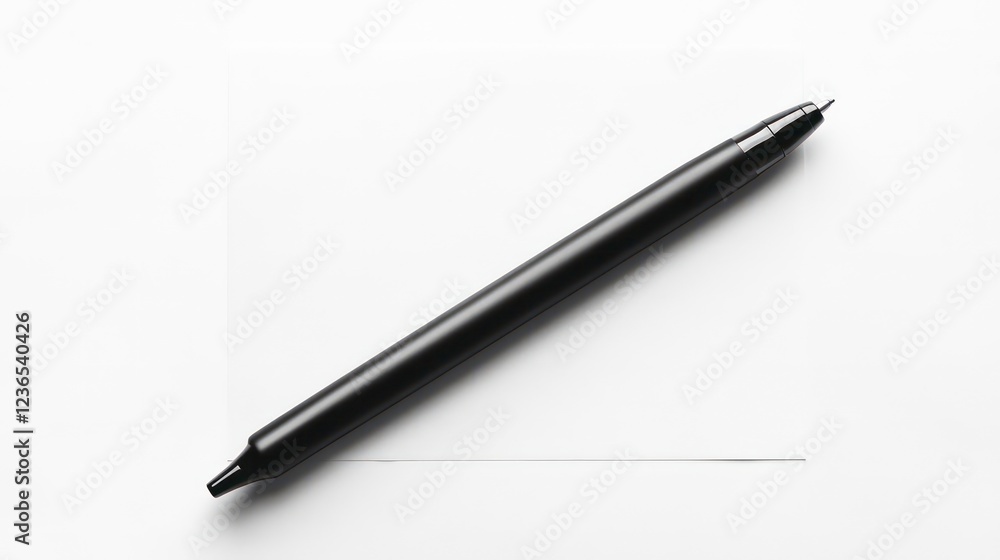 Black pen on white paper, minimalist office supplies. Black pen on white paper, minimalist office supplies.