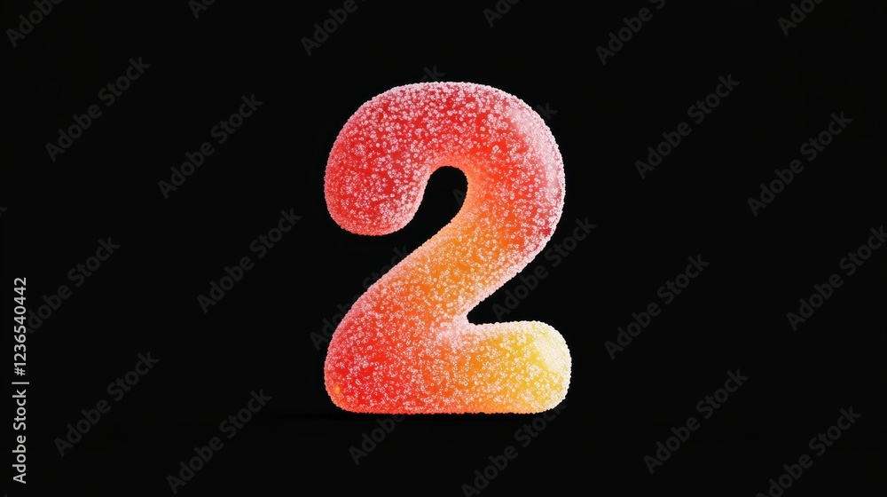3D rendering of a Number 2 made of Jelly candy confectionery sweets on black background minimalist artwork simple and clean
