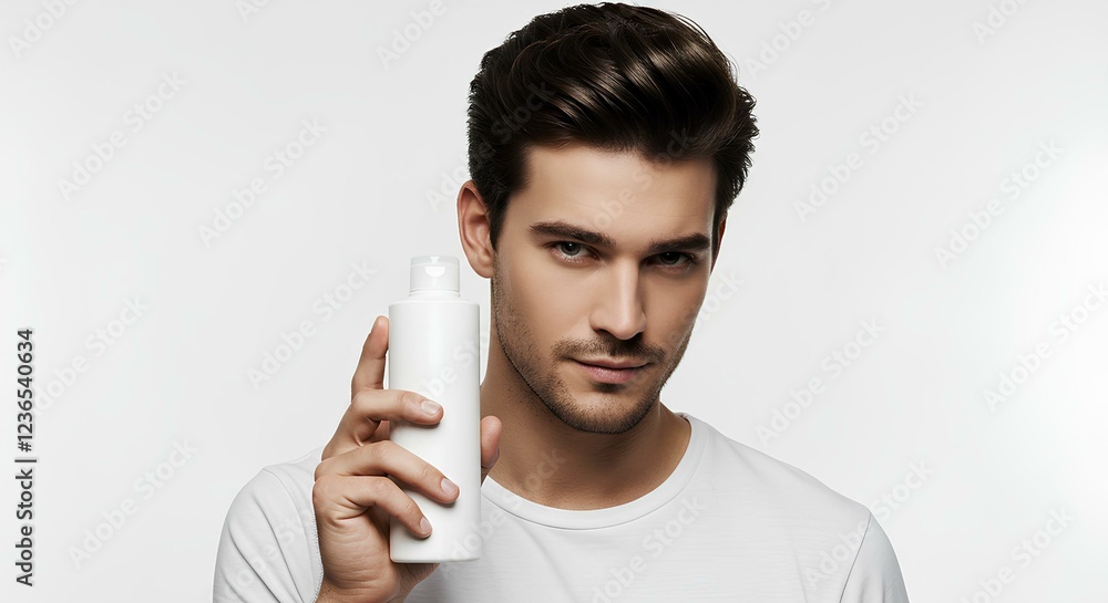 Haircare Product Bottle Mockup with Man Model Haircare Product Bottle Mockup with Man Model