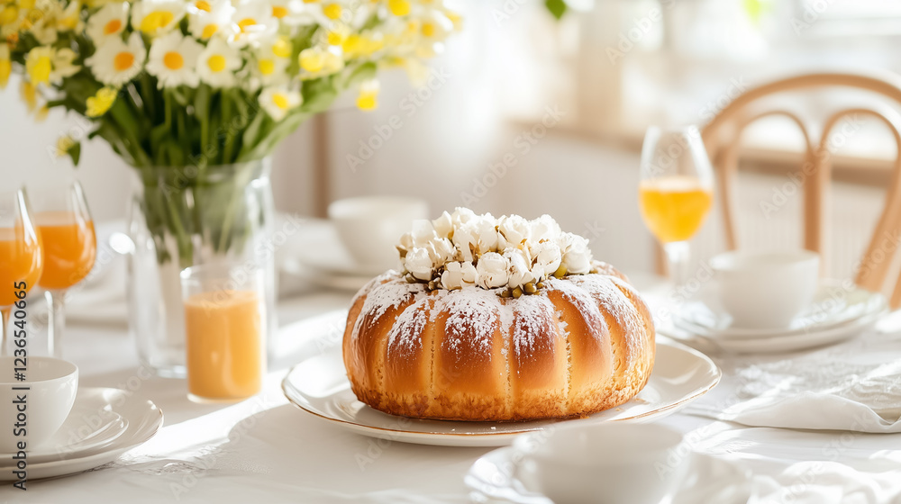 A beautifully arranged festive breakfast table features a homemade kulich adorned with flowers. The setting is warm and inviting, enhanced by bright natural light. Perfect for Easter celebrations A beautifully arranged festive breakfast table features a homemade kulich adorned with flowers. The setting is warm and inviting, enhanced by bright natural light. Perfect for Easter celebrations