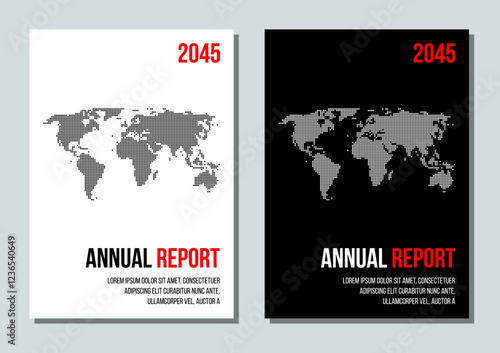 dotted world map black and white covers, business strategy or corporate annual report template