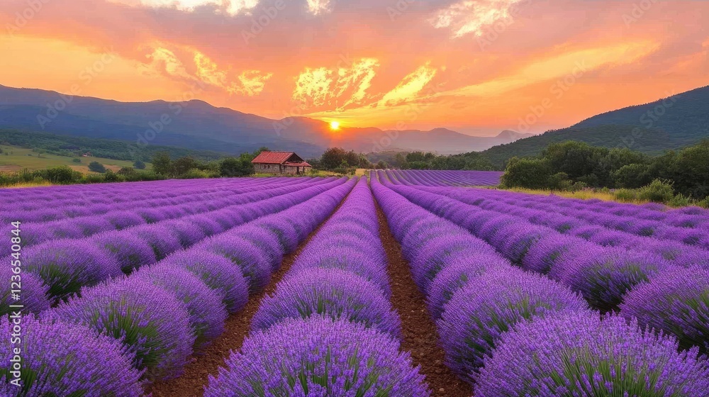 Sunset Lavender Fields Provence France Scenic Landscape Sunset Lavender Fields Provence France Scenic Landscape