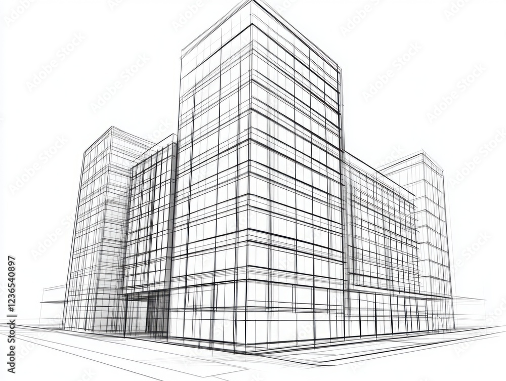 Architectural wireframe sketch of modern commercial building showcasing lines and perspective in minimalist style for design and construction projects Architectural wireframe sketch of modern commercial building showcasing lines and perspective in minimalist style for design and construction projects