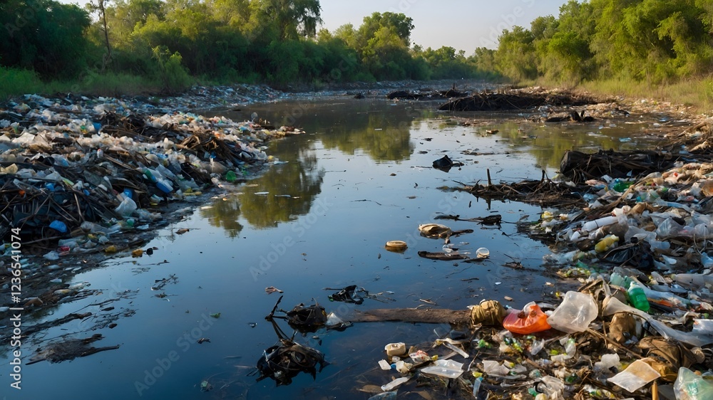A polluted urban river flows through the heart of a city, surrounded by decaying buildings and scattered trash. The water is dark and murky, reflecting the struggle between nature and human impact. A polluted urban river flows through the heart of a city, surrounded by decaying buildings and scattered trash. The water is dark and murky, reflecting the struggle between nature and human impact.