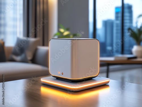 A compact network repeater glowing softly in a modern living room