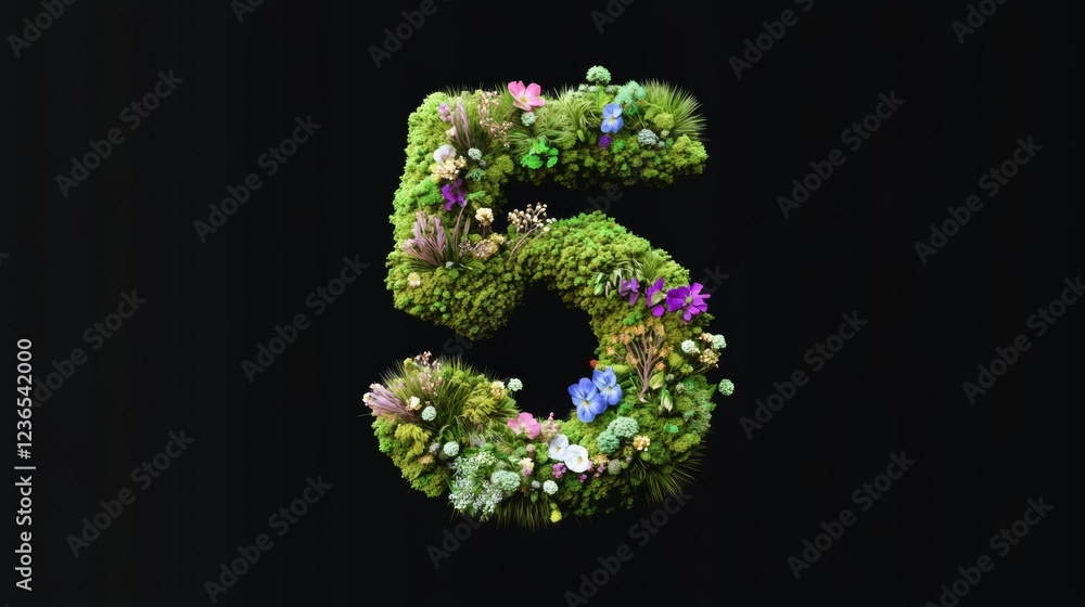 Fototapeta premium 3D rendering of Number 5 made from moss and flowers isolated on black background minimalism simple and clean