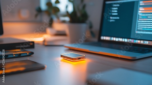 A compact USBC to HDMI adapter glowing in a dim workspace photo