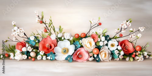 Pastel colored spring flowers in a loose bouquet create a vibrant display on a light surface. The arrangement showcases delicate blossoms, making it ideal for decoration and inspiration