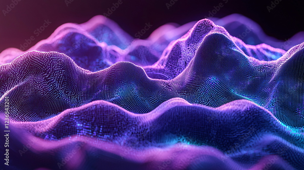 Obraz premium Colorful abstract wavy landscape with illuminated peaks and valleys, featuring a mesmerizing blend of purple shades and glowing contours, set against a dark background.