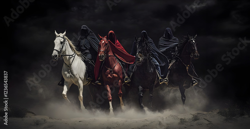 Prophetic apocalypse. Four Horsemen - White for Conquest, Red for War, Black for Famine, Pale for Death - Set Against a Stark Desert Landscape with a Black Background. Biblical prophecy vision.