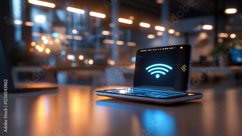 A portable WiFi dongle glowing on a sleek wooden table