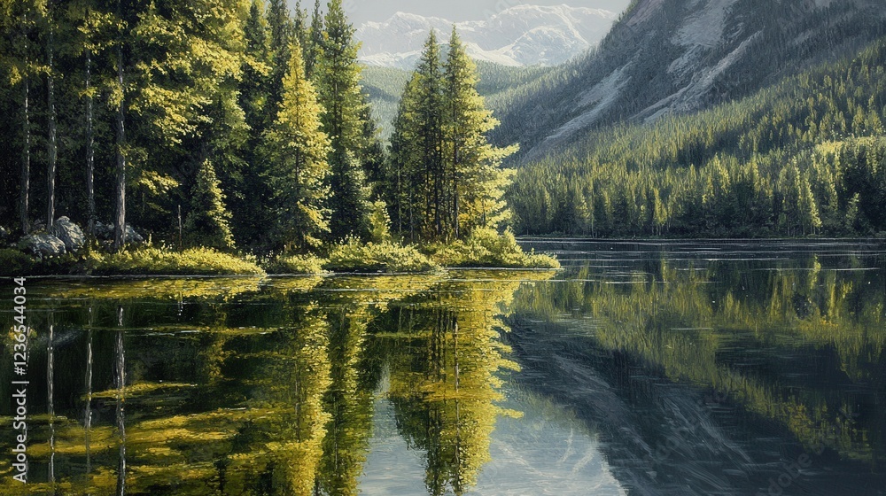 Serene mountain landscape reflecting in calm lake surrounded by dense forest under cloudy sky Serene mountain landscape reflecting in calm lake surrounded by dense forest under cloudy sky