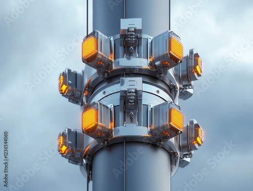 A rugged outdoor data transmission tower surrounded by storm clouds