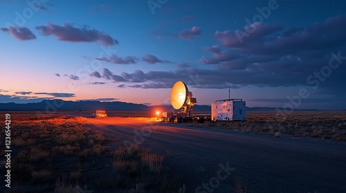 A rugged satellite uplink device glowing softly under a starlit sky