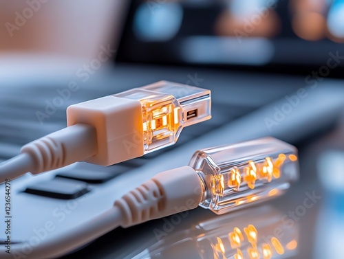 A sleek Ethernet cable coiled neatly on a modern glass desk