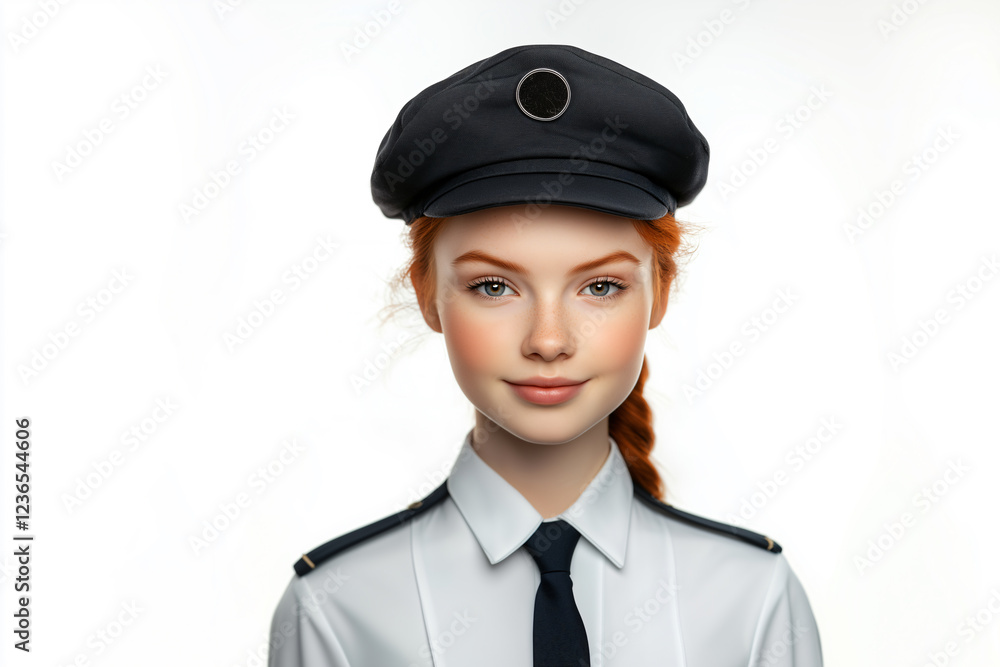 Young pretty redhead girl over isolated white background with police uniform Young pretty redhead girl over isolated white background with police uniform