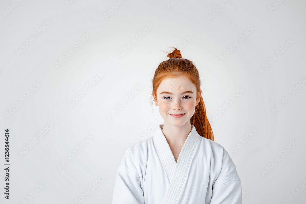 Young pretty redhead girl over isolated white background doing karate Young pretty redhead girl over isolated white background doing karate