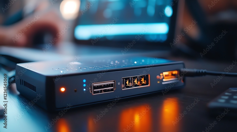 Naklejka premium A USBpowered Ethernet adapter glowing faintly in a compact setup