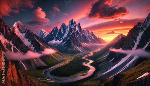 A stunning panoramic view of majestic mountains under a vibrant sunset sky. Towering snow-covered peaks contrast with lush green valleys below photo