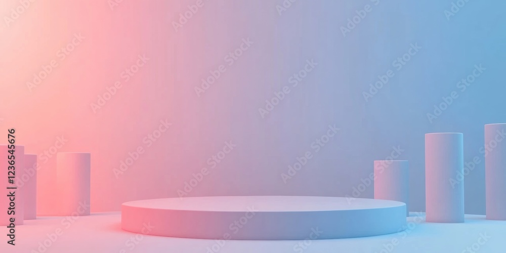 A minimalistic round podium surrounded by columns in soft pink and blue gradient lighting A minimalistic round podium surrounded by columns in soft pink and blue gradient lighting