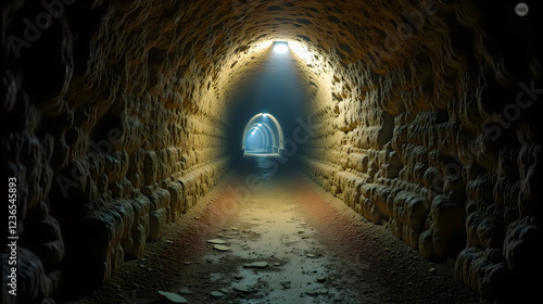 A hidden underground World War II tunnel being illuminated for the first time, revealing long-lost artifacts and forgotten history.   photo