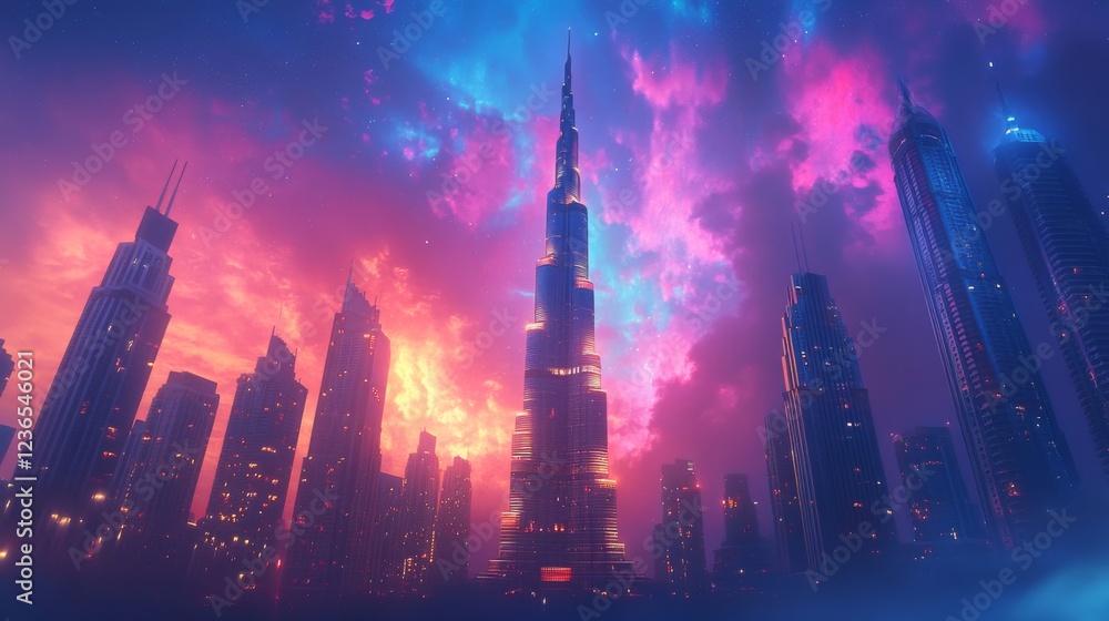 Obraz premium Awe inspiring futuristic cityscape vibrant nebula swirls above glowing tower night sky urban fantasy digital art majestic ethereal