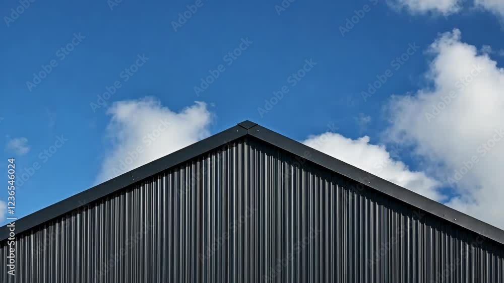 Black corrugated roof against a blue sky with scattered clouds observed in a clear afternoon Black corrugated roof against a blue sky with scattered clouds observed in a clear afternoon