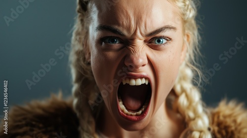 Fierce woman expressing anger with intense emotion and braided hair on dark background