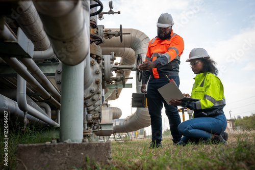 Engineers or industrial worker at large metal pipelines and valve systems oil refinery, chemical plant, or gas processing facility analyzing data is industrial safety, and operational efficiency.