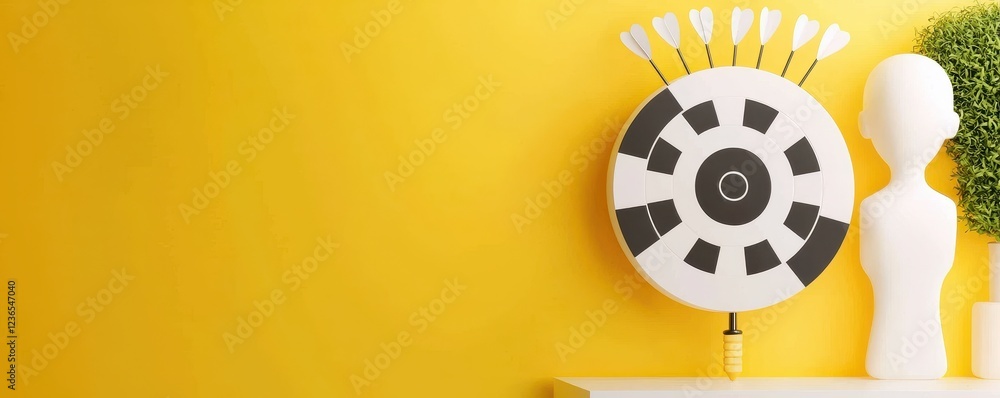 Fototapeta premium Marketing strategy customer engagement target audience. Minimalist decor featuring a dartboard and a decorative figure against a vibrant yellow background.