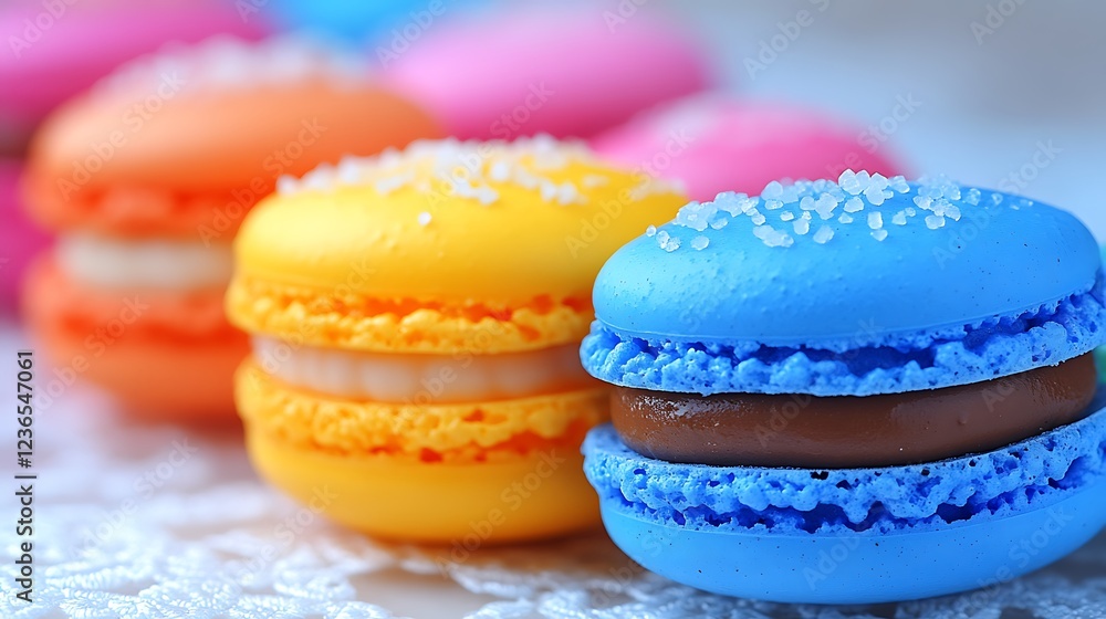 A colorful display of Easter macarons next to small chocolate eggs, all placed on a delicate lace tablecloth. A colorful display of Easter macarons next to small chocolate eggs, all placed on a delicate lace tablecloth.