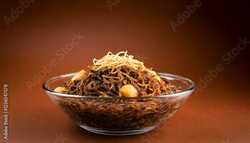 Jajangmyeon food on transparent bowl, isolated brown background, copy space  photo