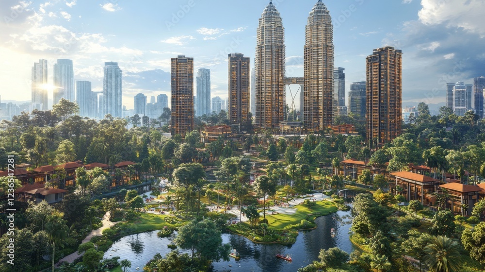 Obraz premium Serene sunrise over Kuala Lumpur iconic towers peaceful reflection