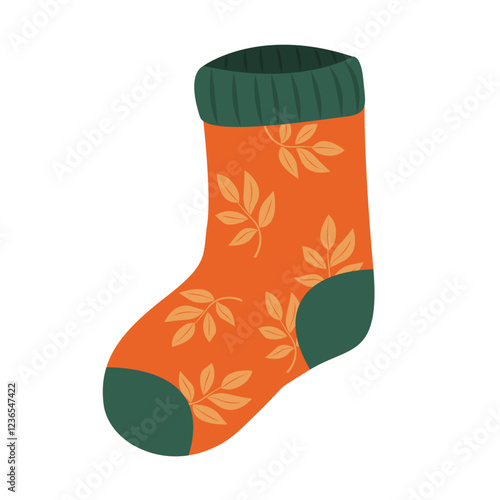 Sock with leaf pattern Autumn season cartoon isolated object illustration