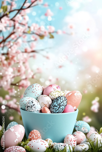 A bowl of vibrant Easter candies overflows with colorful eggs against a soft backdrop of blooming flowers. The lively scene enhances the festive atmosphere of spring celebrations