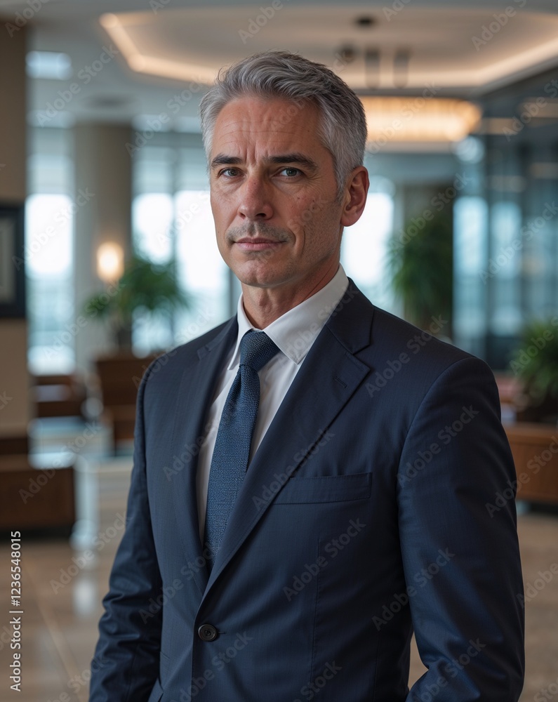 Fototapeta premium Mature Caucasian man calm short gray hair navy suit on corporate lobby background